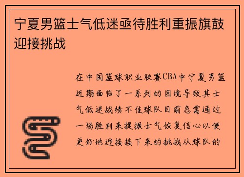 宁夏男篮士气低迷亟待胜利重振旗鼓迎接挑战