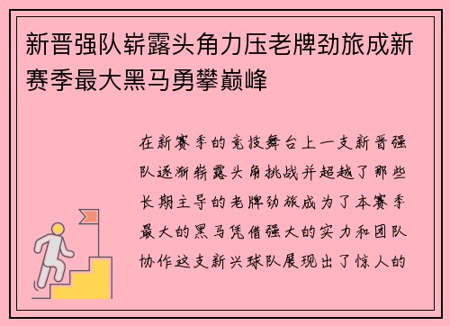 新晋强队崭露头角力压老牌劲旅成新赛季最大黑马勇攀巅峰