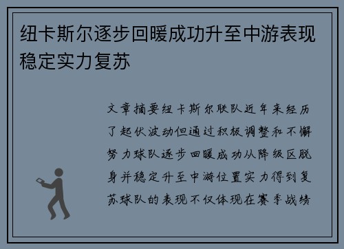 纽卡斯尔逐步回暖成功升至中游表现稳定实力复苏