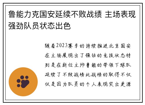鲁能力克国安延续不败战绩 主场表现强劲队员状态出色