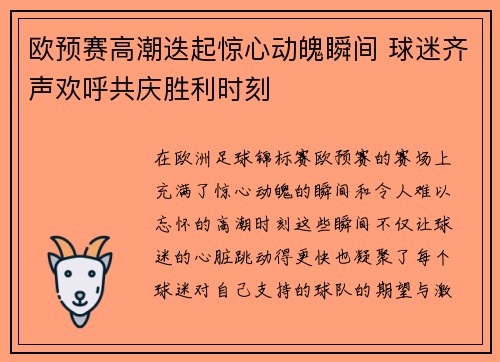 欧预赛高潮迭起惊心动魄瞬间 球迷齐声欢呼共庆胜利时刻