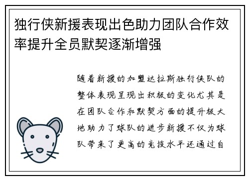 独行侠新援表现出色助力团队合作效率提升全员默契逐渐增强