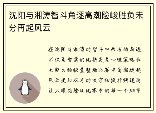 沈阳与湘涛智斗角逐高潮险峻胜负未分再起风云